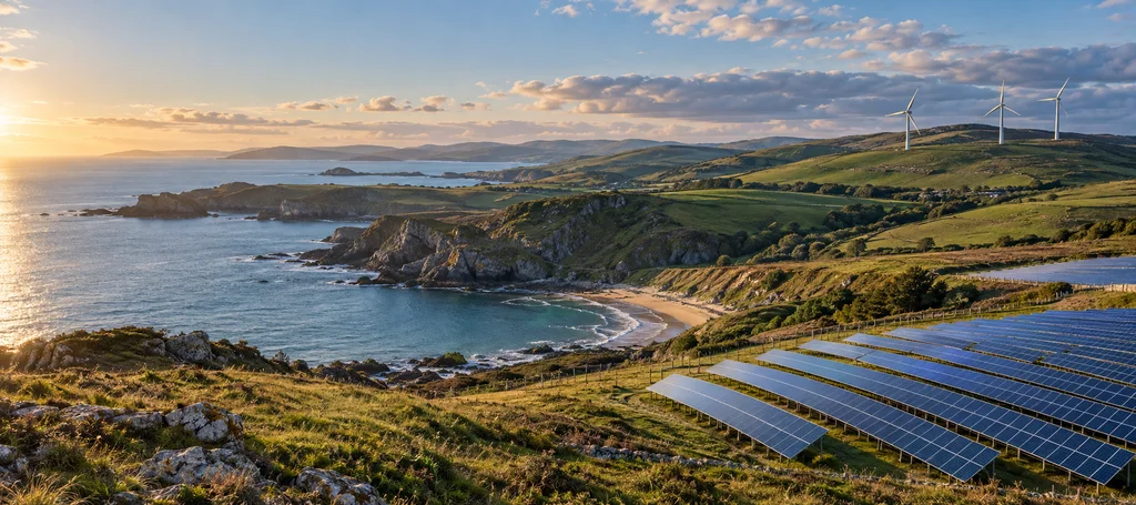 Illustration of coastal hills with wind turbines and solar panels in the morning light