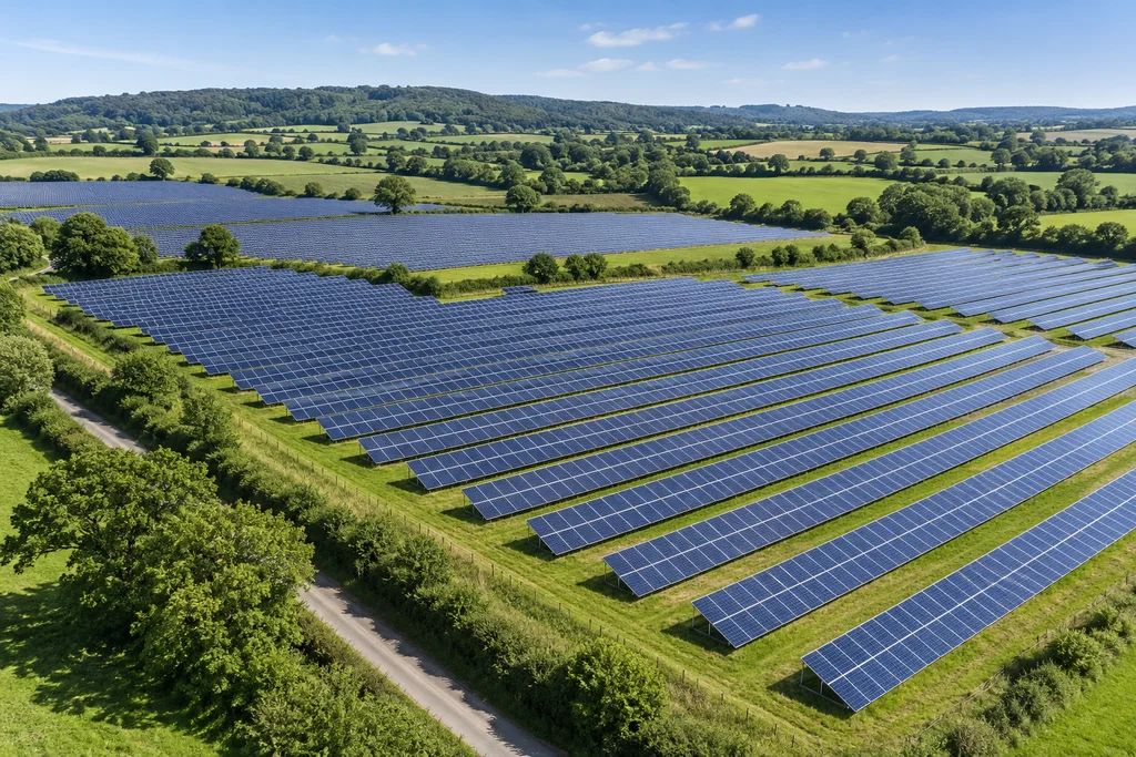 Illustration of solar arrays within hedged green farmland