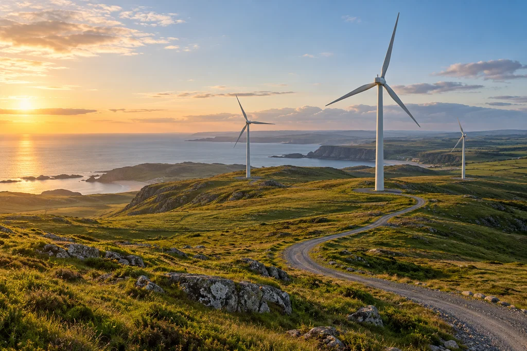 Illustration of white wind turbines on a green coastal ridge